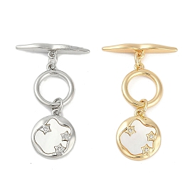 Brass Micro Pave Clear Cubic Zirconia Toggle Clasps, with Shell, Star