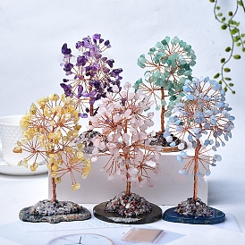 Natural Gemstone Chips Tree Decorations, with Copper Wire Feng Shui Energy Stone Gift for Home Desktop Decoration