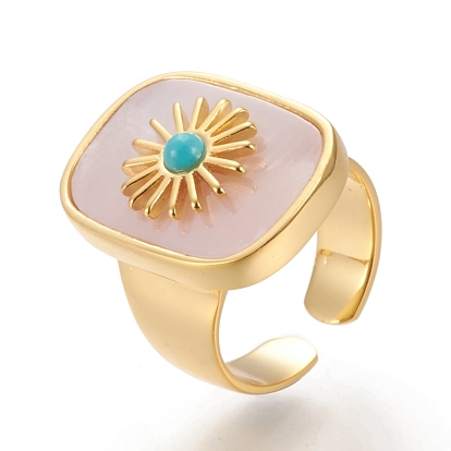 Brass Cuff Rings, Open Rings, with Natural Shell & Gemstone, Long-Lasting Plated, Real 18K Gold Plated, Rectangle with Sun
