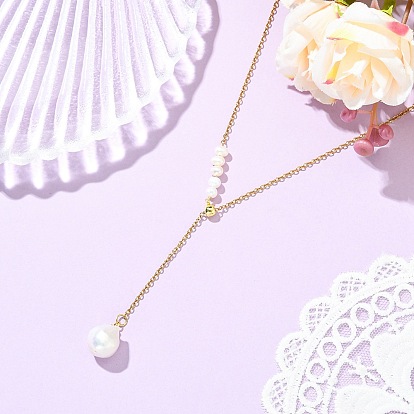 Регулируемые ожерелья с овальными кисточками из натурального барочного жемчуга кеши., 304 Ожерелье-лариата с цепочкой из нержавеющей стали и застежкой-слайдером для женщин, белые