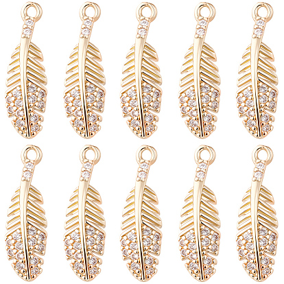 20Pcs Brass Micro Pave Cubic Zirconia Pendants, Light Gold, Long-Lasting Plated, Cadmium Free & Lead Free, Feather