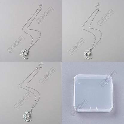 3Pcs 3 Colors Platinum Plated Alloy Crescent Moon Pendant Necklaces Set, Glow in the Dark Synthetic Luminous Stone Jewelry for Women