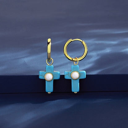 Synthetic Turquoise Cross Dangle Hoop Earrings, Titanium Steel Earrings for Women