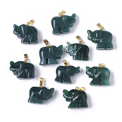 Natural Agate Pendants, with Golden Plated Metal(Brass or Iron Materials Random Delivery) Snap On Bails, Dyed, Elephant