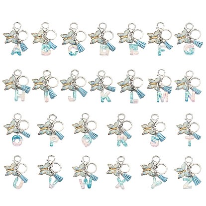26шт. брелок с кисточкой из прозрачной эпоксидной смолы, прозрачного акрила и искусственной замши, с кольцами для ключей из сплава, с цепочками и застежками-лобстерами, 26 буквы