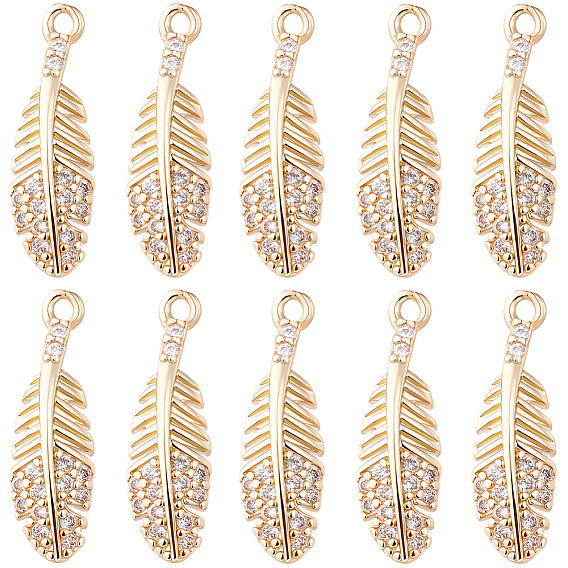 20Pcs Brass Micro Pave Cubic Zirconia Pendants, Light Gold, Long-Lasting Plated, Cadmium Free & Lead Free, Feather
