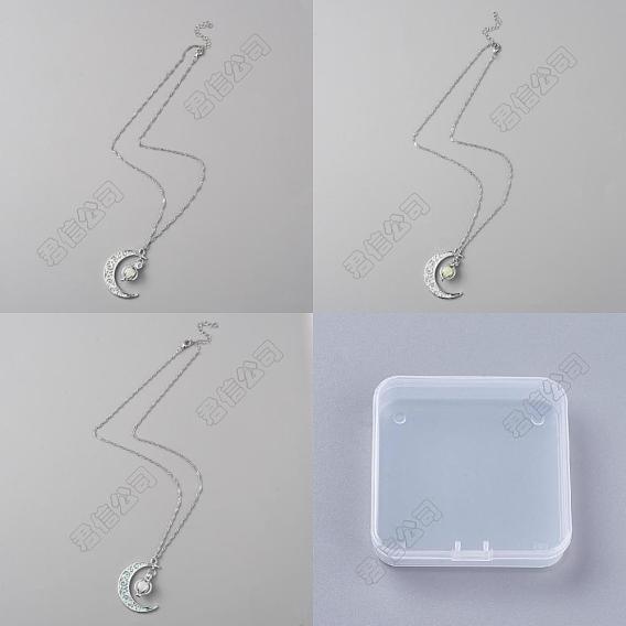 3Pcs 3 Colors Platinum Plated Alloy Crescent Moon Pendant Necklaces Set, Glow in the Dark Synthetic Luminous Stone Jewelry for Women