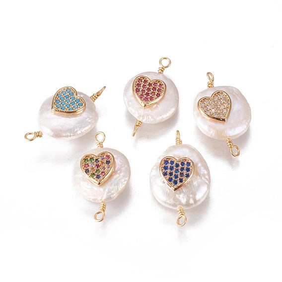 Ссылки / соединители из натурального жемчуга, с кубического циркония и латуни выводов, плоско-круглые с сердцем