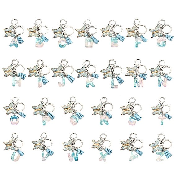 26шт. брелок с кисточкой из прозрачной эпоксидной смолы, прозрачного акрила и искусственной замши, с кольцами для ключей из сплава, с цепочками и застежками-лобстерами, 26 буквы