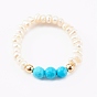 Natural Pearl Beaded Stretch Rings, with Faceted Gemstone Beads and Brass Beads, Golden
