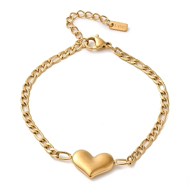 304 Stainless Steel Figaro Chain Heart Link Bracelets for Women