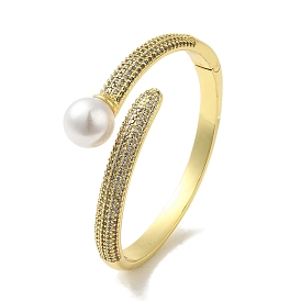 Rack Plating Brass Micro Pave Clear Cubic Zirconia Open Cuff Bangles for Women, with Glass Pearl Round Ball, Cadmium Free & Lead Free, Long-Lasting Plated