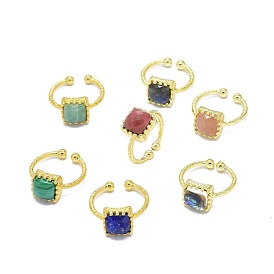 Adjustable Natural Gemstone Finger Rings, with Brass Findings, Square, Golden