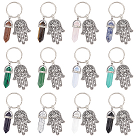 12Pcs 12 Style Alloy Keychain, with Tibetan Style Hamsa Hand /Hand of Miriam Pendant & Gemstone
