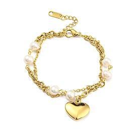 PVD Vacuum Plating 304 Stainless Steel Double Layer Multi-strand Bracelet, Heart Charms Bracelet with Natural Pearl Beaded for Girl Women