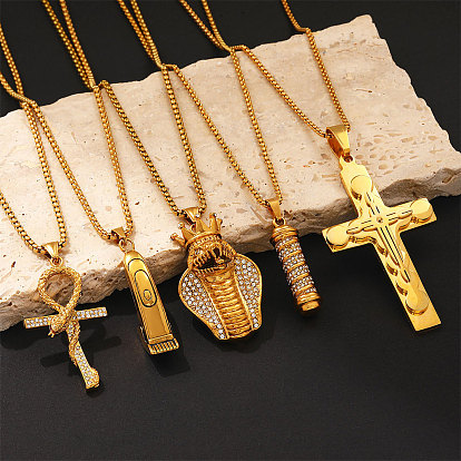 304 Stainless Steel Crystal Rhinestone Pendant Necklaces for Men, Golden
