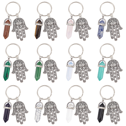 12Pcs 12 Style Alloy Keychain, with Tibetan Style Hamsa Hand /Hand of Miriam Pendant & Gemstone