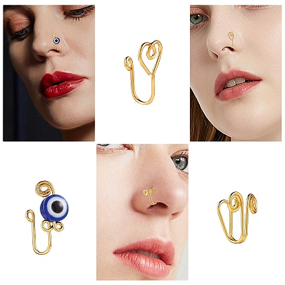 12Pcs 12 Style Evil Eye & Wire Wrap Brass Nose Rings, Nose Cuff Non Piercing, Clip on Nose Ring for Women Men