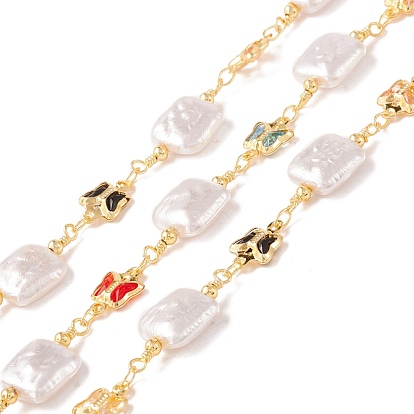Brass Link Chains, with ABS Plastic Pearl Rectangle & Glass Butterfly Links, Unwelded, with Spool, Lead Free & Cadmium Free, Golden