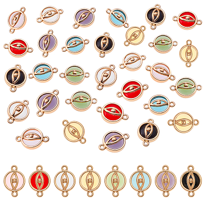 32Pcs 8 Colors Glass Links Connectors, with Light Gold Plated Alloy Findings, Flat Round with Eye