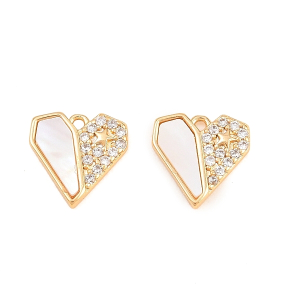 Valentine's Day Brass Pave Clear Cubic Zirconia Shell Charms, Geometric Heart Charms