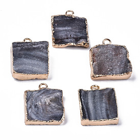 Natural Druzy Agate Pendants, Druzy Trimmed Stone, with Light Gold Plated Edge and Iron Loop, Square