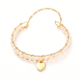 Brazalete de perlas naturales para mujeres adolescentes, brazalete de latón con dije de corazón y cadena de seguridad