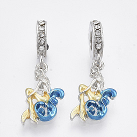 Alloy European Dangle Charms, with Crystal Rhinestone and Enamel, Large Hole Pendants, Mermaid