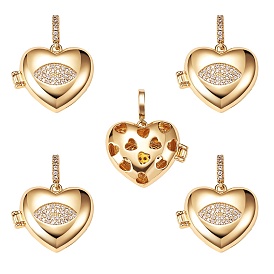Brass Micro Pave Clear Cubic Zirconia Diffuser Locket Pendants, Long-Lasting Plated, Lead Free & Cadmium Free, Heart with Eye