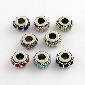 Alliage strass rondelle grand trou perles européennes, 12~13x6.5mm, Trou: 5~5.5mm