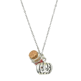 Halloween Pumpkin Alloy and Glass Bottle Pendant Necklaces, 304 Stainless Steel Cable Chain Necklaces