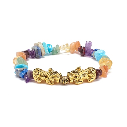 Natural & Synthetic Mixed Stone Chips Stretch Bracelet with Alloy Pixiu, 7 Chakra Gemstone Wealthy Lucky Bracelet for Women
