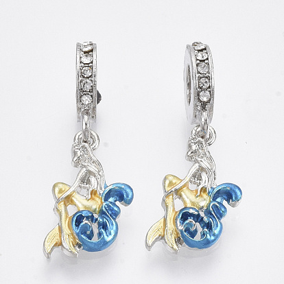 Alloy European Dangle Charms, with Crystal Rhinestone and Enamel, Large Hole Pendants, Mermaid