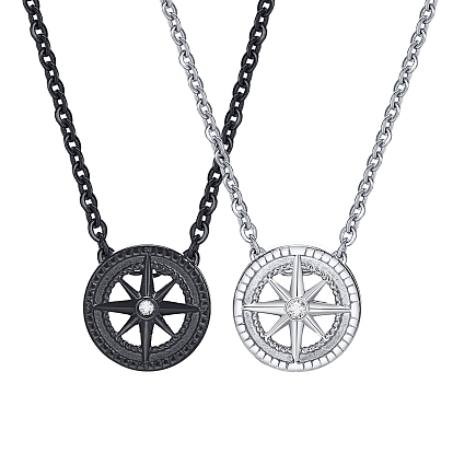 Stainless Steel Rolo Chain Necklace, Flat Round with 8 Pointed Star Pendant Necklace for Men