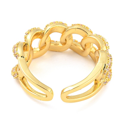 Curb Chains Shape Brass Open Cuff Rings with Cubic Zirconia, Lead Free & Cadmium Free