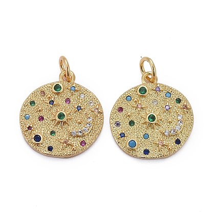Brass Micro Pave Colorful Cubic Zirconia Pendants, Long-Lasting Plated, Real 18K Gold Plated, with Jump Rings, Flat Round