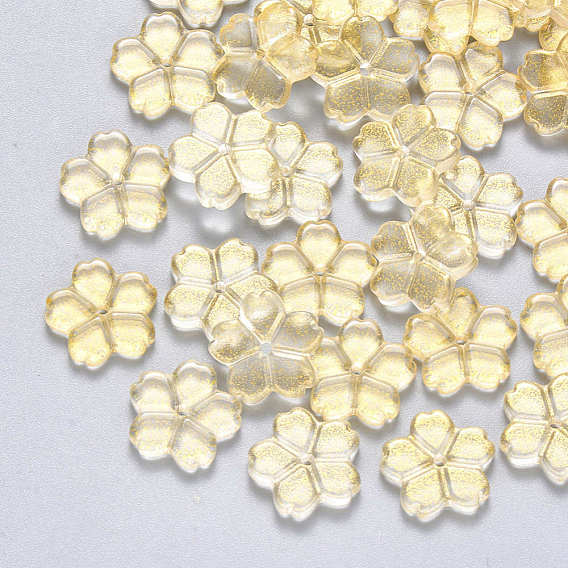 Transparent Spray Painted Glass Beads, with Glitter Powder, Flower