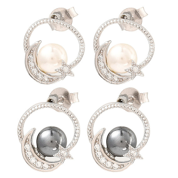 Shell Pearl Dangle Stud Earrings, Moon & Star Real Platinum Plated Rhodium Plated 925 Sterling Silver Earrings, with 925 Stamp