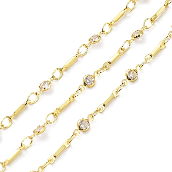 Real 18K Gold Plated Brass Flat Round & Bar Link Chains, with Glass Beaded, Soldered, with Spool