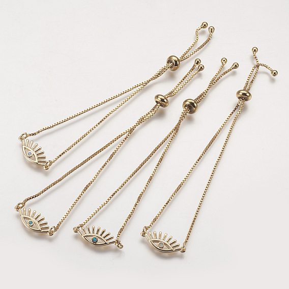 Регулируемые латунные браслеты Боло, слайдерные браслеты, коробка цепи, с синтетическим опалом, злые глаза