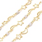 Brass Star & Moon Link Chains, with ABS Plastic Imitation Pearl Beaded, Soldered, with Spool