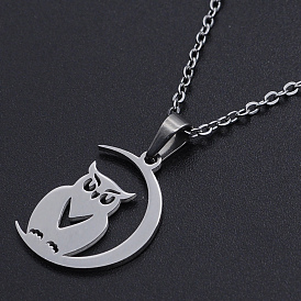 201 Stainless Steel Pendants Necklaces, with Cable Chains and Lobster Claw Clasps, Halloween Theme, Owl with Moon