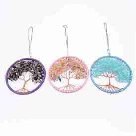 Chip Natural Gemstone Wire Wrapped Pendant Decorations, with Iron Cable Chains, Flat Round with Tree of Life