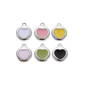 Brass Enamel Charms, Nickel Free, Flat Round with Heart, Mixed Color