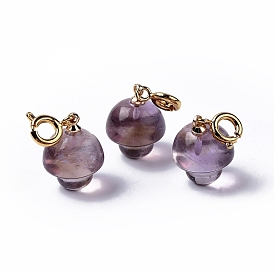 Natural Amethyst Mushroom Spring Ring Clasp Charms, Rack Plating Brass Spring Ring Clasps