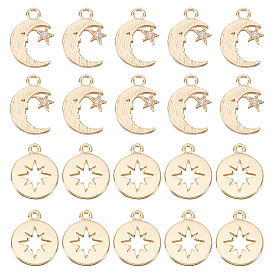 20Pcs 2 Styles Brass Charms, with Cubic Zirconia, Moon & Flat Round with Star