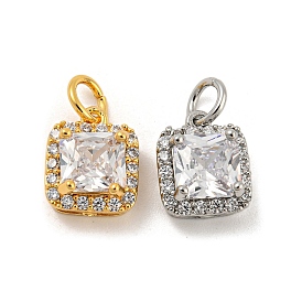 Brass Micro Pave Clear Cubic Zirconia Pendants, Square