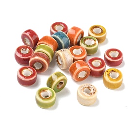 Vintage Handmade Porcelain European Beads, Fancy Antique Glazed Porcelain, Large Hole Beads, Flat Round