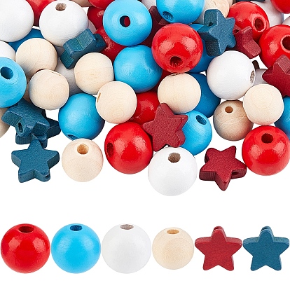 100Pcs Painted Natural Wood Beads, Round & Star