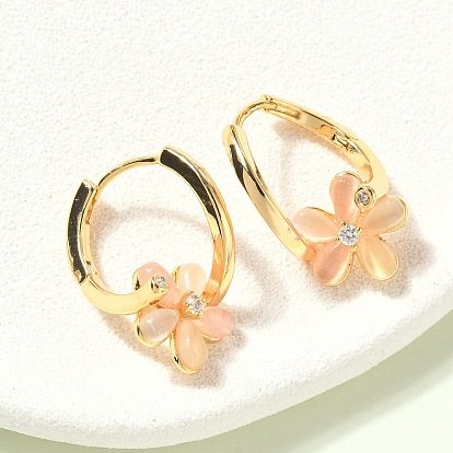 Серьги-кольца с цветочным узором из латуни с микропаве из прозрачных кубических цирконий, без никеля , с кошачий глаз